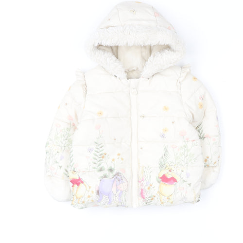 George Girls Ivory Winnie the Pooh Puffer Jacket 3-6 Months Hooded Winter Coat