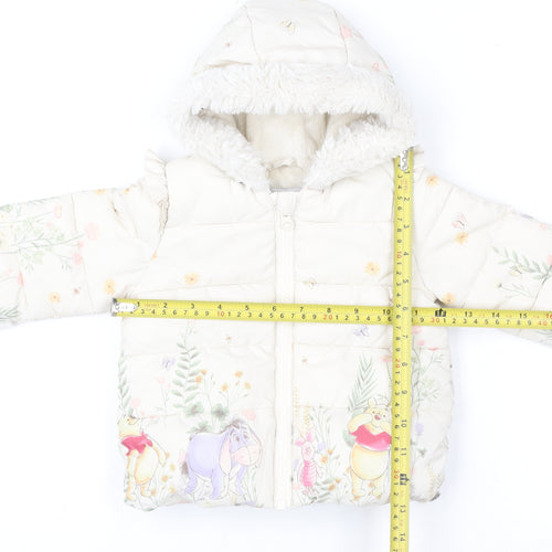 George Girls Ivory Winnie the Pooh Puffer Jacket 3-6 Months Hooded Winter Coat