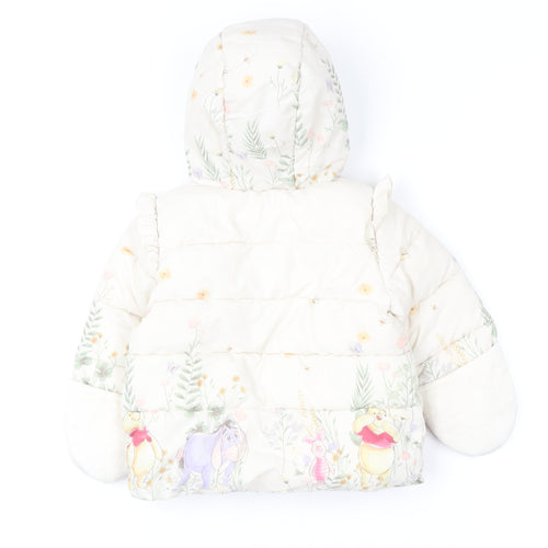 George Girls Ivory Winnie the Pooh Puffer Jacket 3-6 Months Hooded Winter Coat