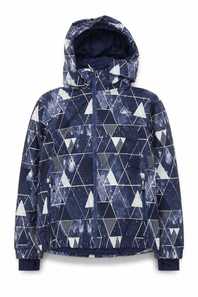 Front view of Crivit PRO boys’ blue geometric waterproof hooded winter puffer jacket, size 146