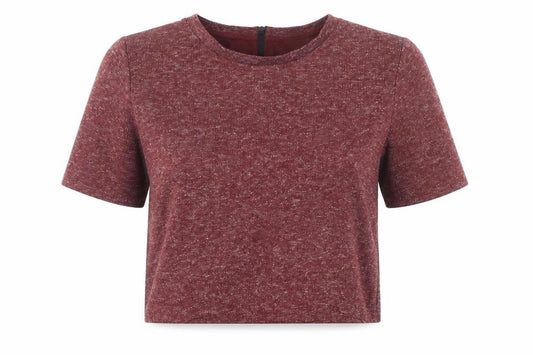 Front view of Topshop women’s red cropped jersey t-shirt, size UK 8, short sleeve zip back