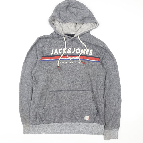 Jack & Jones Mens Grey Pullover Hoodie M Graphic Logo Hooded Sweatshirt