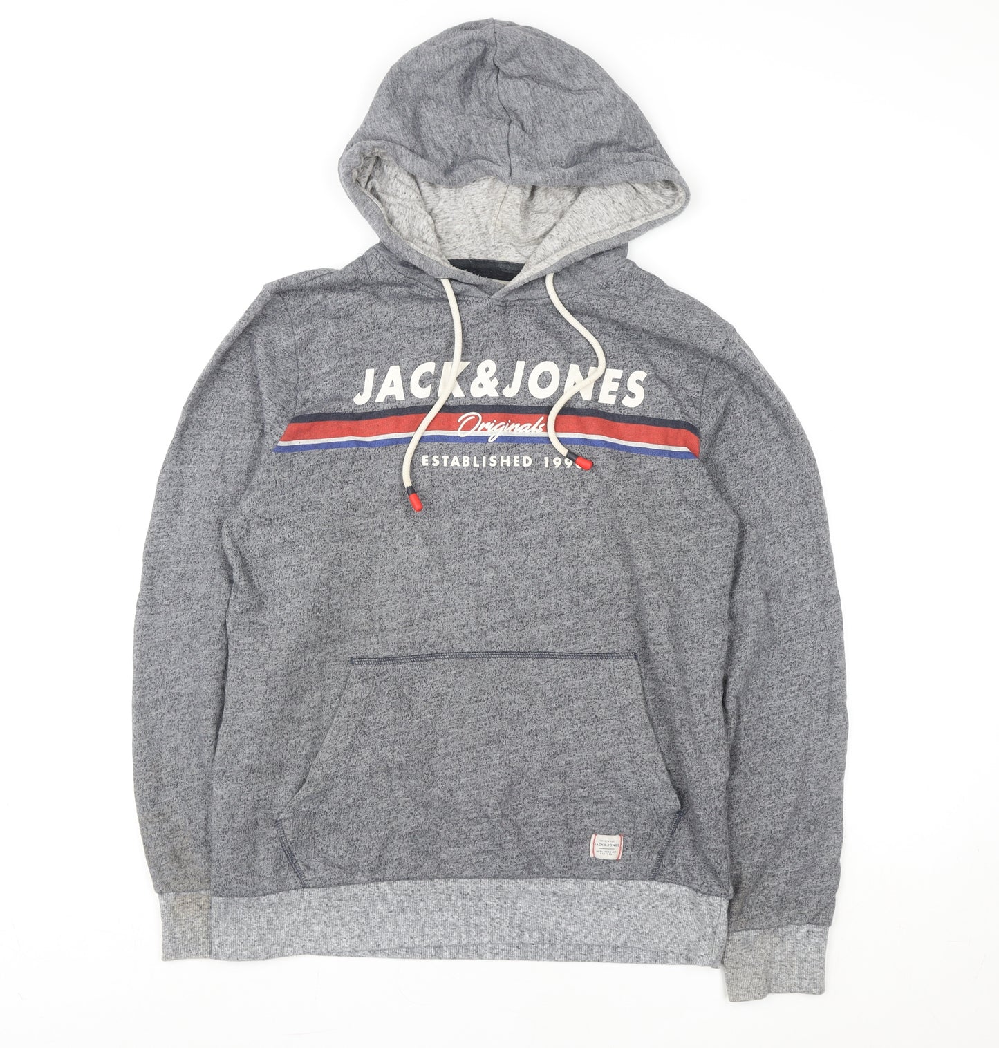 Jack & Jones Mens Grey Pullover Hoodie M Graphic Logo Hooded Sweatshirt