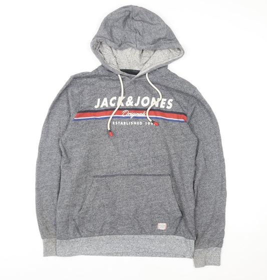 Jack & Jones Mens Grey Pullover Hoodie M Graphic Logo Hooded Sweatshirt