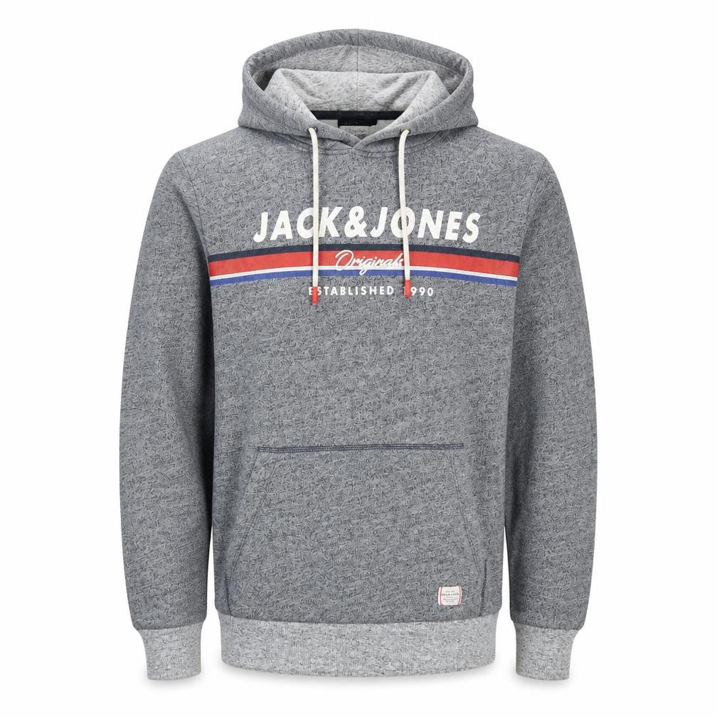 Front view of Jack & Jones men’s grey pullover hoodie m graphic logo hooded sweatshirt