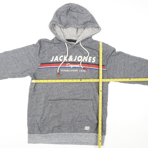 Jack & Jones Mens Grey Pullover Hoodie M Graphic Logo Hooded Sweatshirt