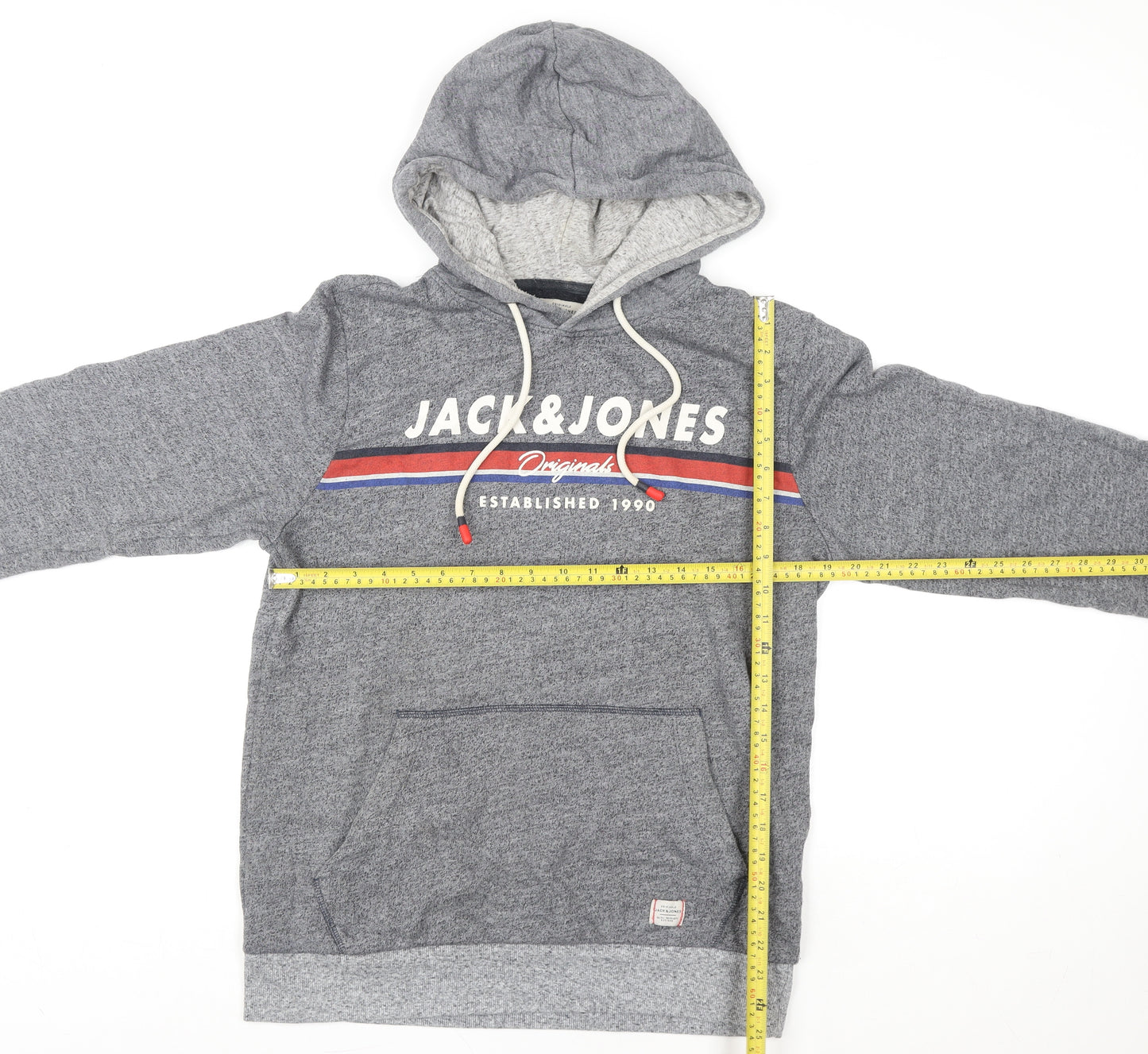 Jack & Jones Mens Grey Pullover Hoodie M Graphic Logo Hooded Sweatshirt