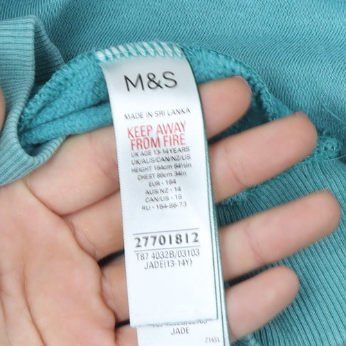 Marks and Spencer Boys Jade Green Pullover Hoodie 13-14 Years Cotton Blend