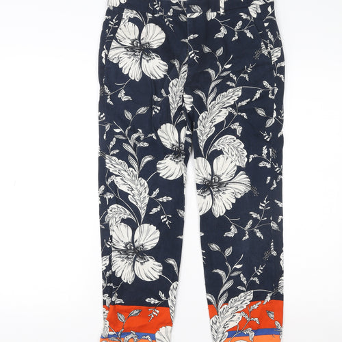Zara Woman Blue Floral Slim Ankle Trousers Size 8 Cotton Blend