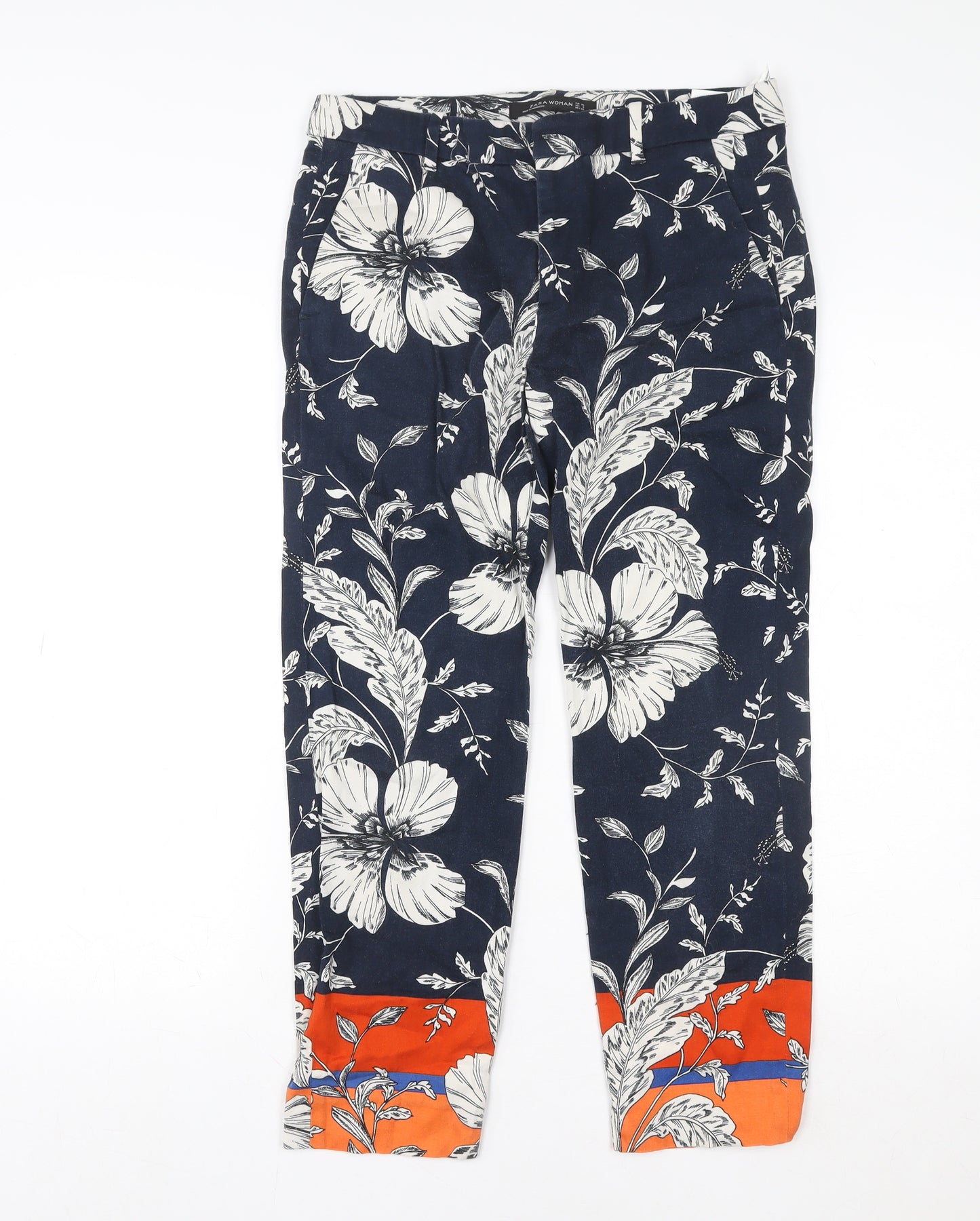 Zara Woman Blue Floral Slim Ankle Trousers Size 8 Cotton Blend