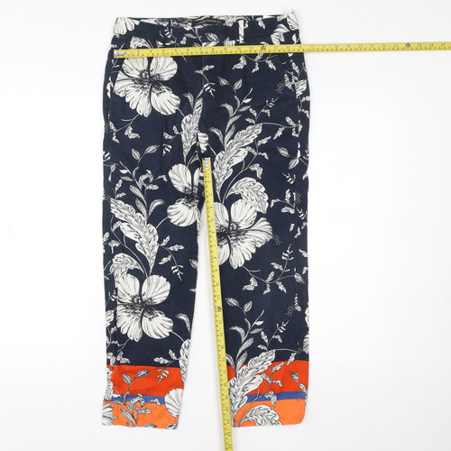 Zara Woman Blue Floral Slim Ankle Trousers Size 8 Cotton Blend