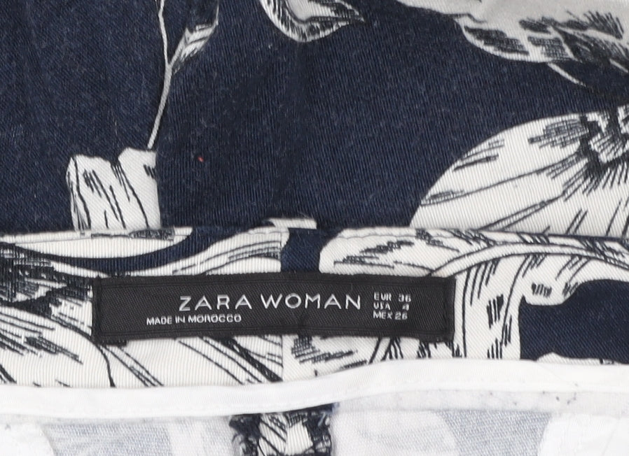 Zara Woman Blue Floral Slim Ankle Trousers Size 8 Cotton Blend