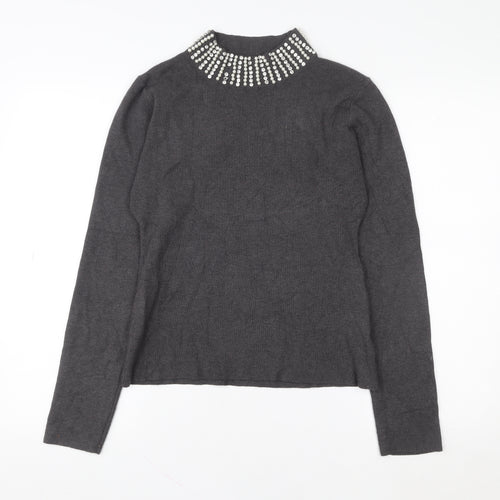 QED London Women Grey Beaded Mock Neck Long Sleeve Pullover Sweatshirt L