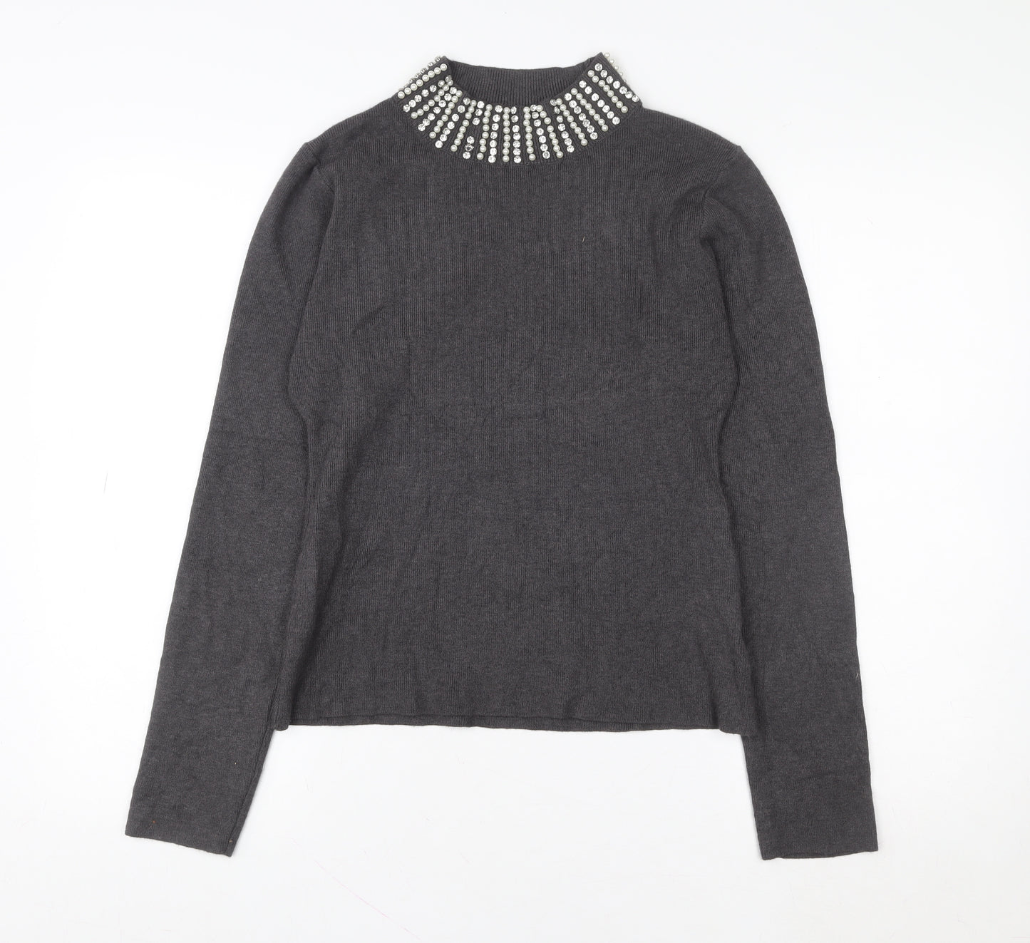 QED London Women Grey Beaded Mock Neck Long Sleeve Pullover Sweatshirt L