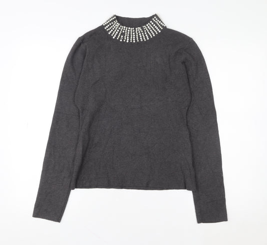 QED London Women Grey Beaded Mock Neck Long Sleeve Pullover Sweatshirt L