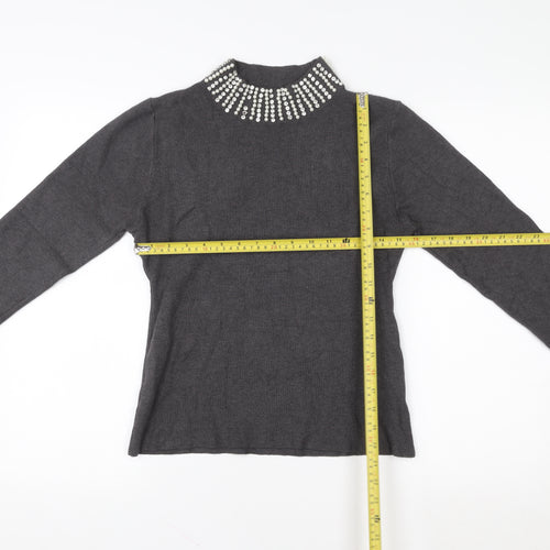 QED London Women Grey Beaded Mock Neck Long Sleeve Pullover Sweatshirt L