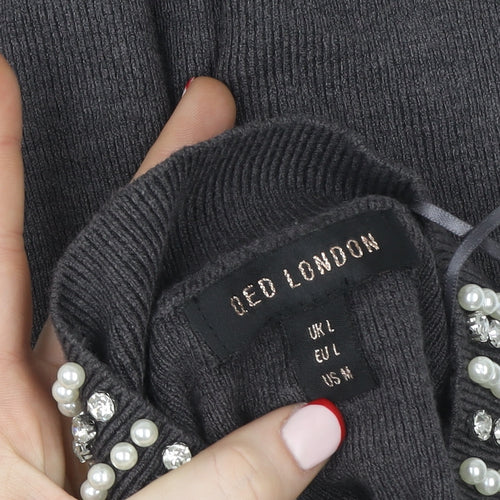 QED London Women Grey Beaded Mock Neck Long Sleeve Pullover Sweatshirt L