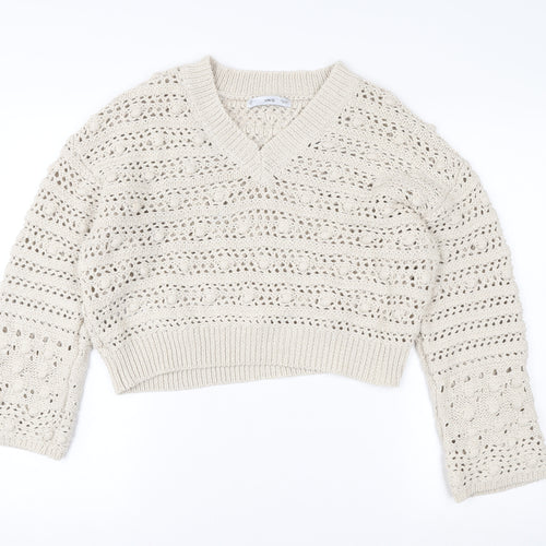 MNG Women Beige Open Knit V-Neck Cotton Jumper Size M