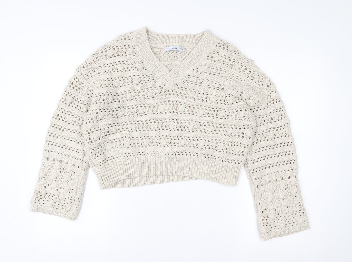 MNG Women Beige Open Knit V-Neck Cotton Jumper Size M