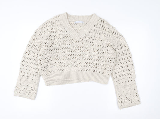 MNG Women Beige Open Knit V-Neck Cotton Jumper Size M