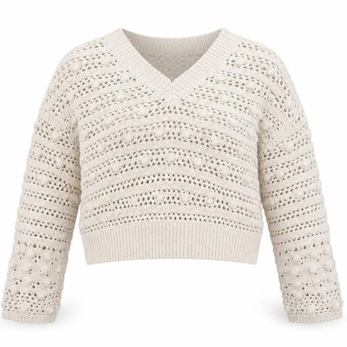 MNG Women Beige Open Knit V-Neck Cotton Jumper Size M