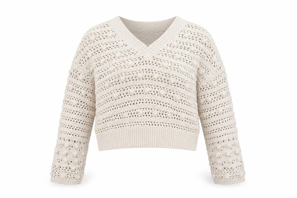 MNG Women Beige Open Knit V-Neck Cotton Jumper Size M