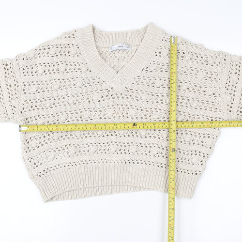 MNG Women Beige Open Knit V-Neck Cotton Jumper Size M