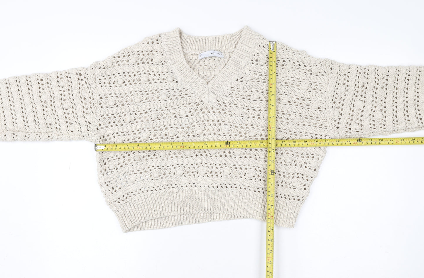 MNG Women Beige Open Knit V-Neck Cotton Jumper Size M