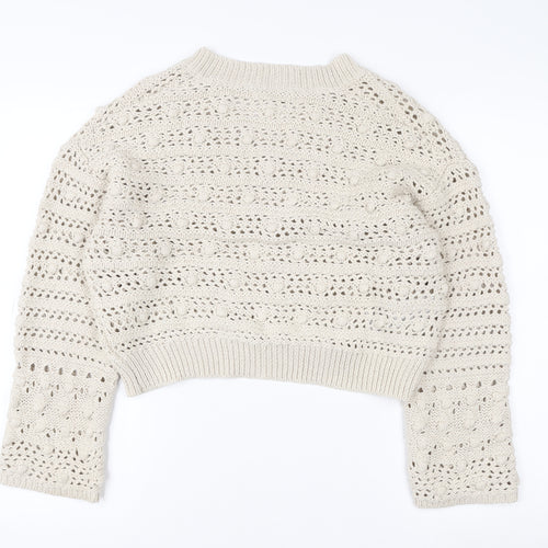 MNG Women Beige Open Knit V-Neck Cotton Jumper Size M