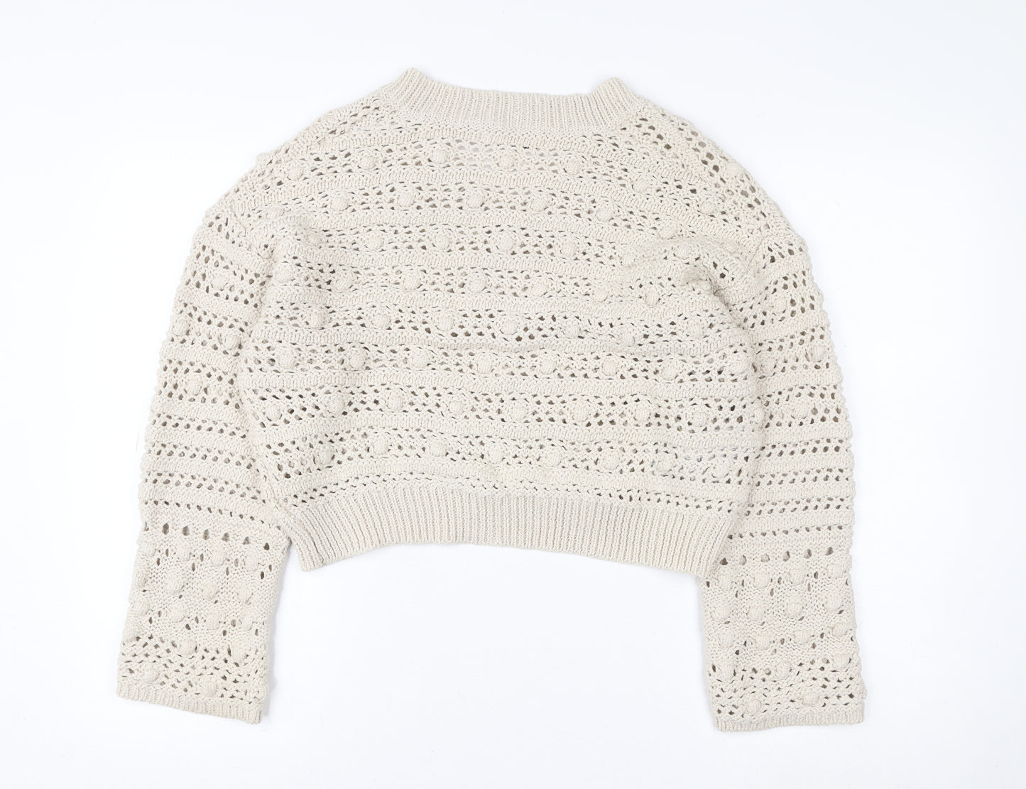 MNG Women Beige Open Knit V-Neck Cotton Jumper Size M