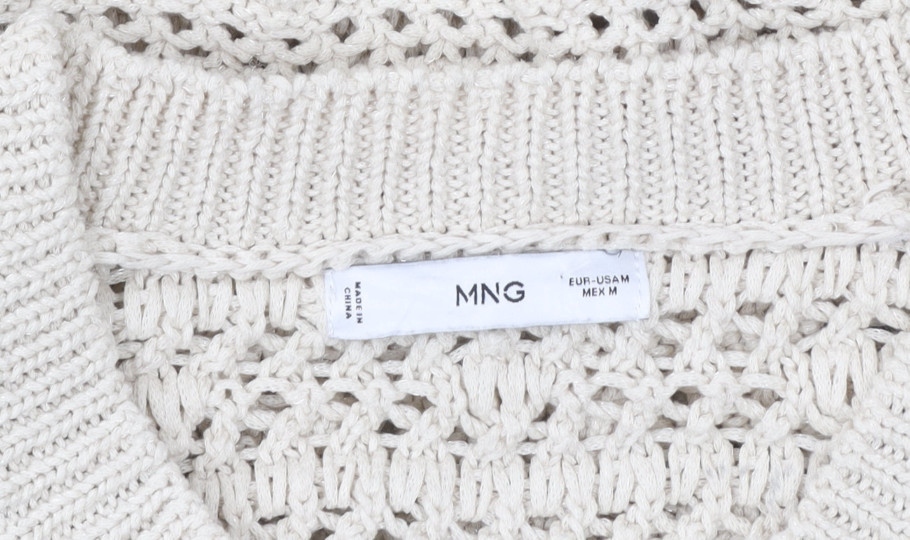 MNG Women Beige Open Knit V-Neck Cotton Jumper Size M