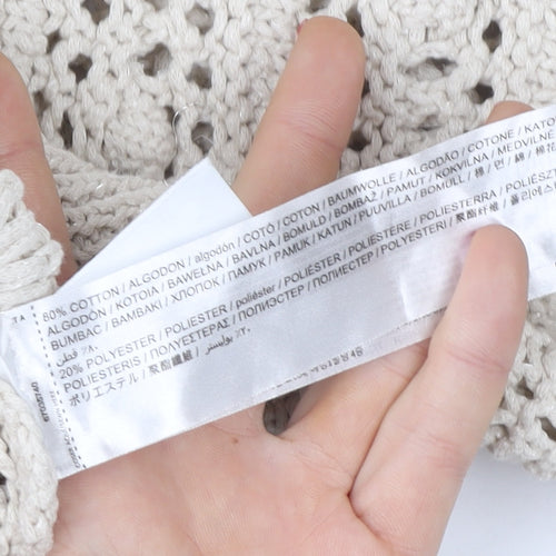 MNG Women Beige Open Knit V-Neck Cotton Jumper Size M