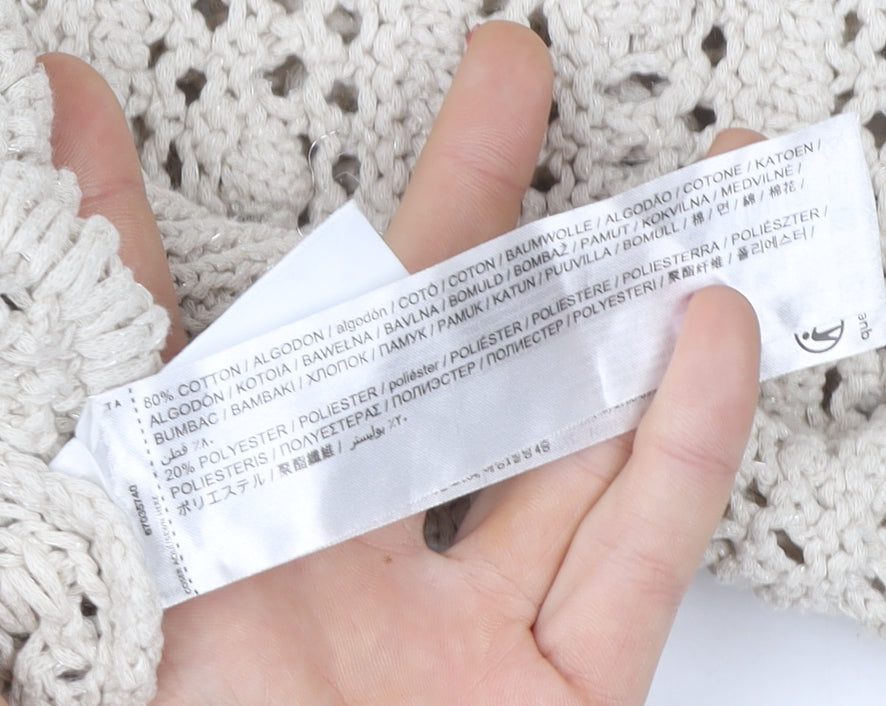 MNG Women Beige Open Knit V-Neck Cotton Jumper Size M