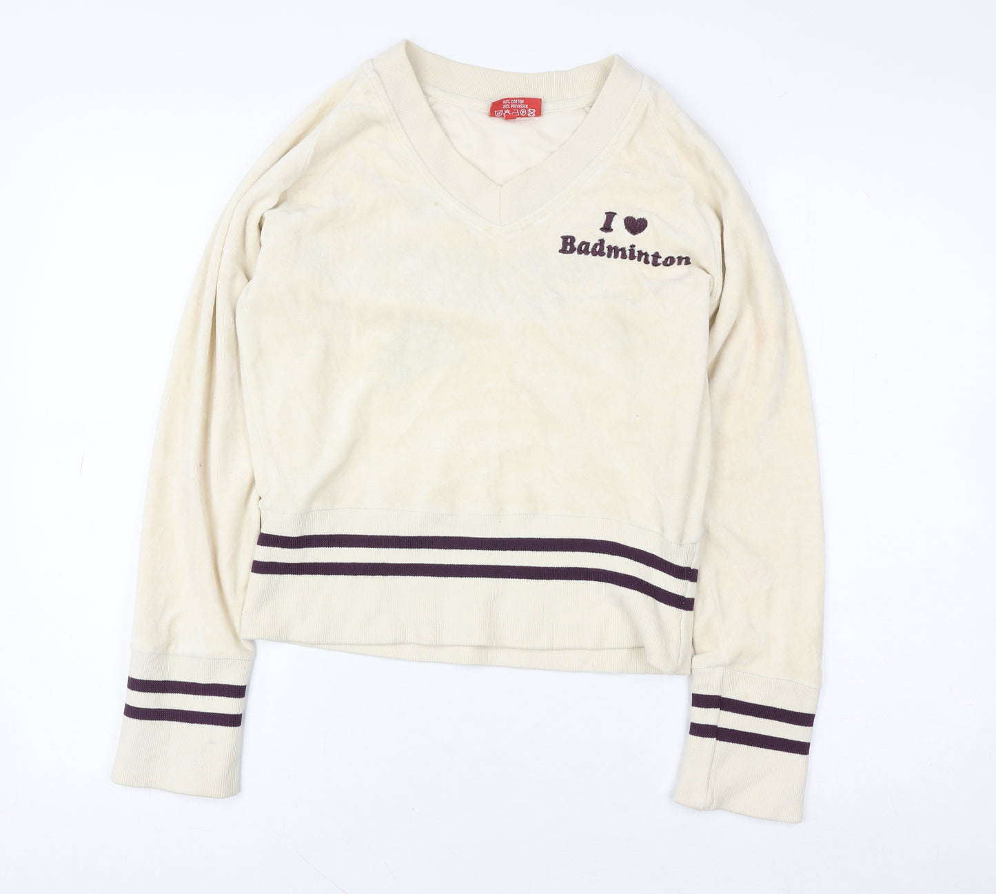 Soochi Women Beige V-Neck Pullover Sweatshirt Size 2 Cotton Blend