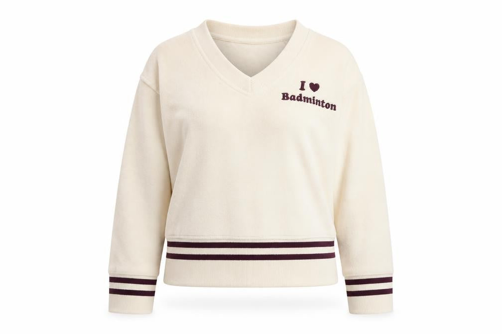 Front view of Soochi Women Beige V-Neck Pullover Sweatshirt, size 2, Cotton Blend