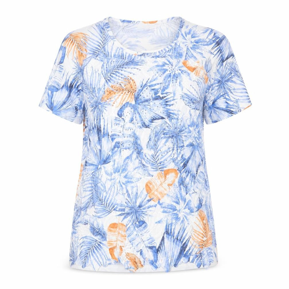 Front view of Mudflower Women's Multicoloured Tropical Short Sleeve T-Shirt S