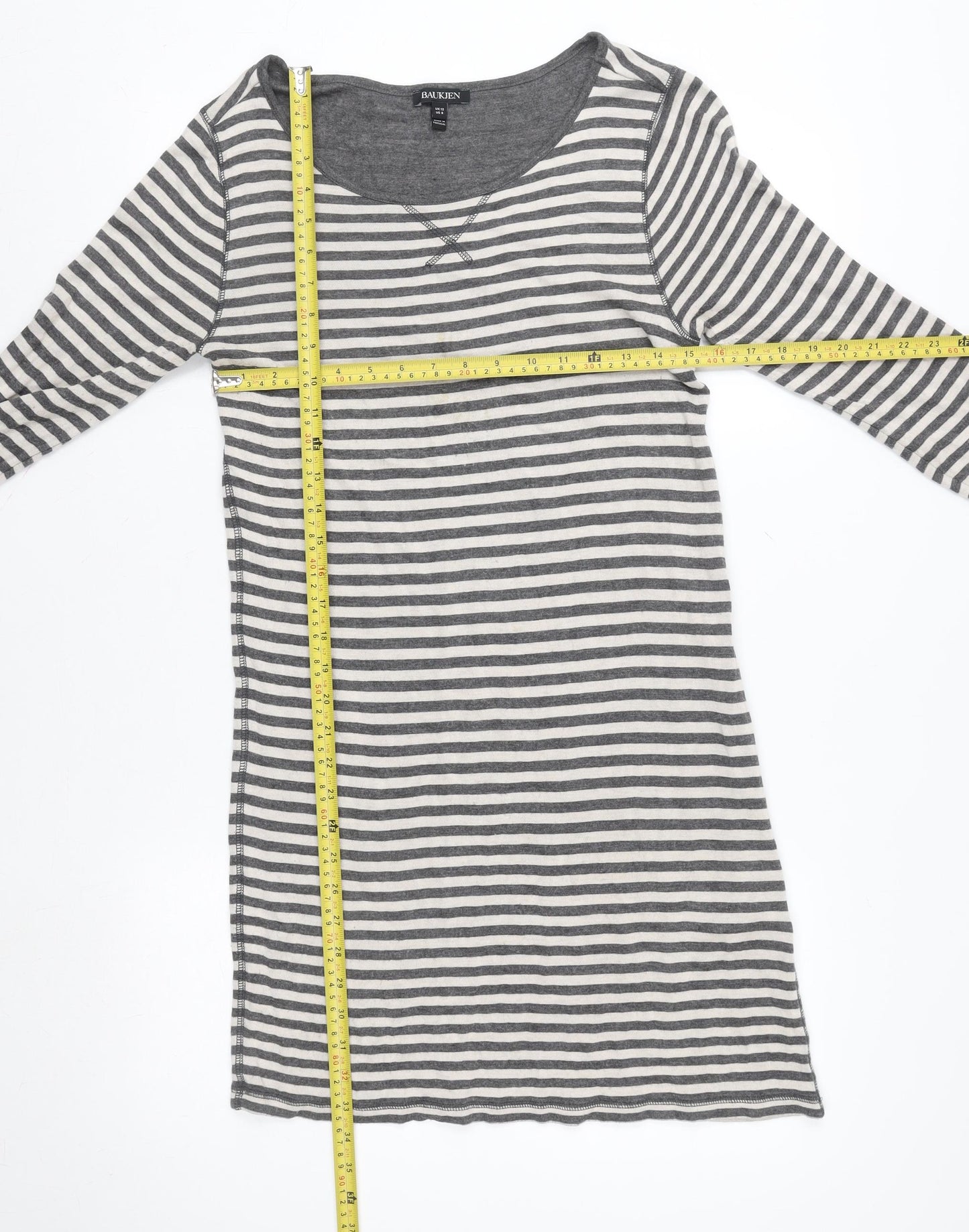 Baukjen Womens Grey White Striped Cotton Scoop Neck 3/4 Sleeve T-Shirt Size 12