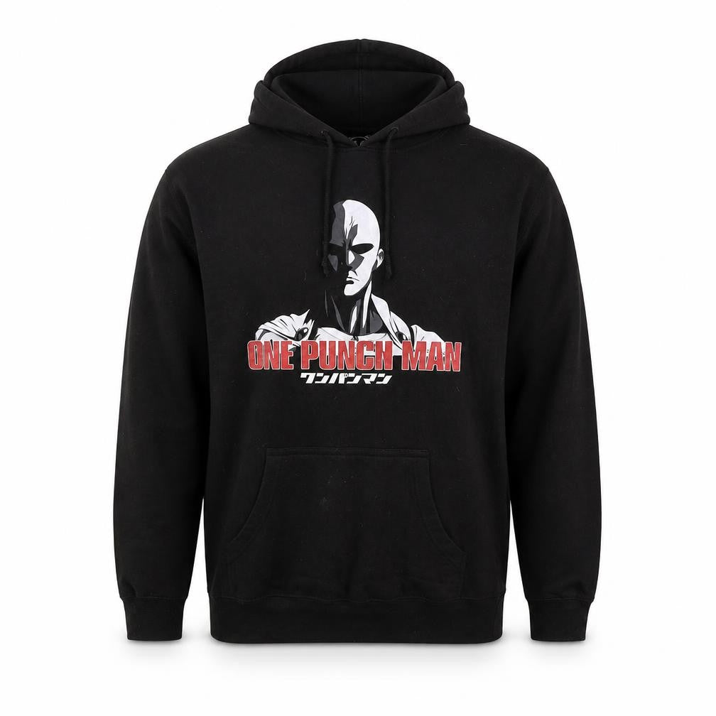 Front view of TeePublic One Punch Man Black Men's Pullover Hoodie, size M