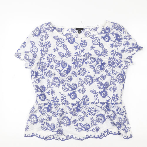Talbots Women’s White Blue Embroidered Floral Cotton Tunic Blouse Size 12