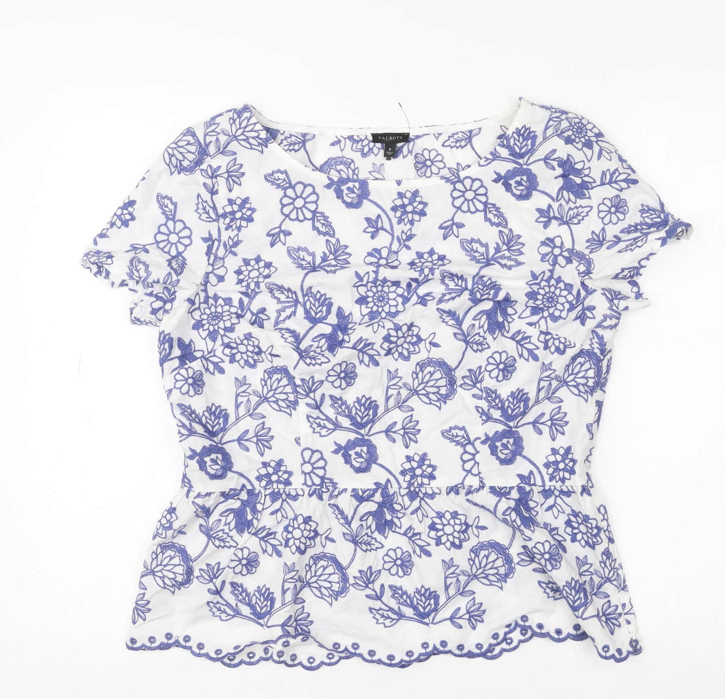 Talbots Women’s White Blue Embroidered Floral Cotton Tunic Blouse Size 12