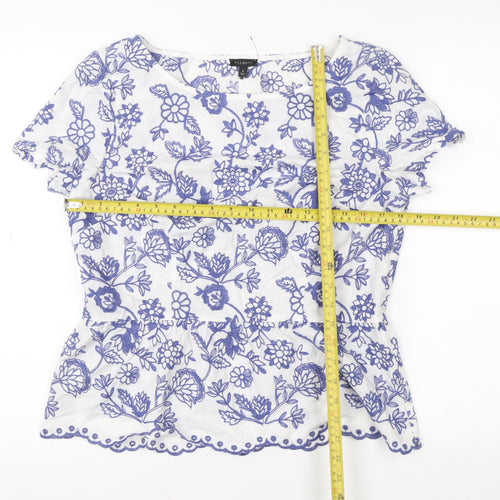 Talbots Women’s White Blue Embroidered Floral Cotton Tunic Blouse Size 12