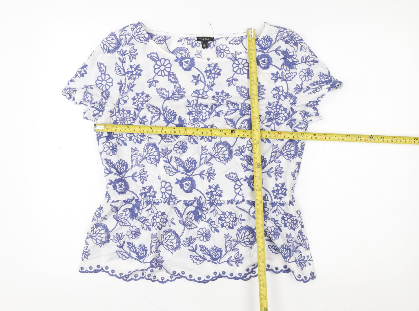Talbots Women’s White Blue Embroidered Floral Cotton Tunic Blouse Size 12