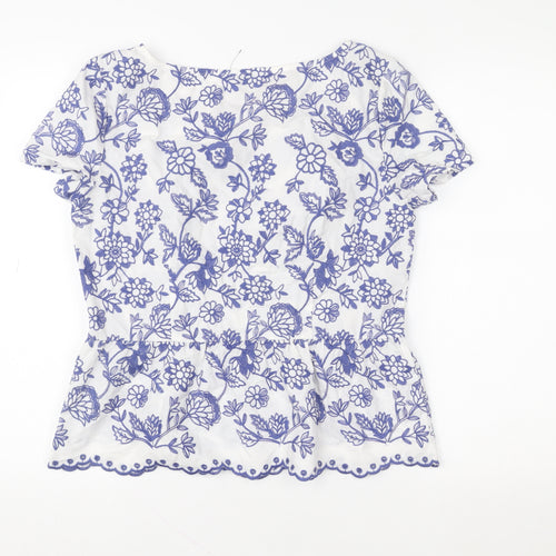 Talbots Women’s White Blue Embroidered Floral Cotton Tunic Blouse Size 12