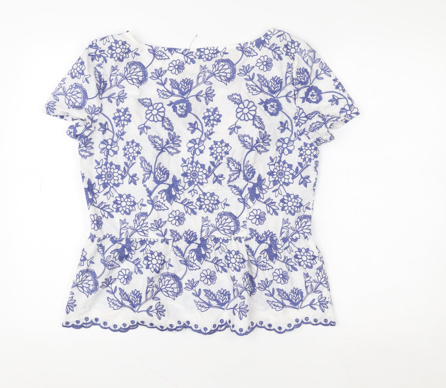 Talbots Women’s White Blue Embroidered Floral Cotton Tunic Blouse Size 12