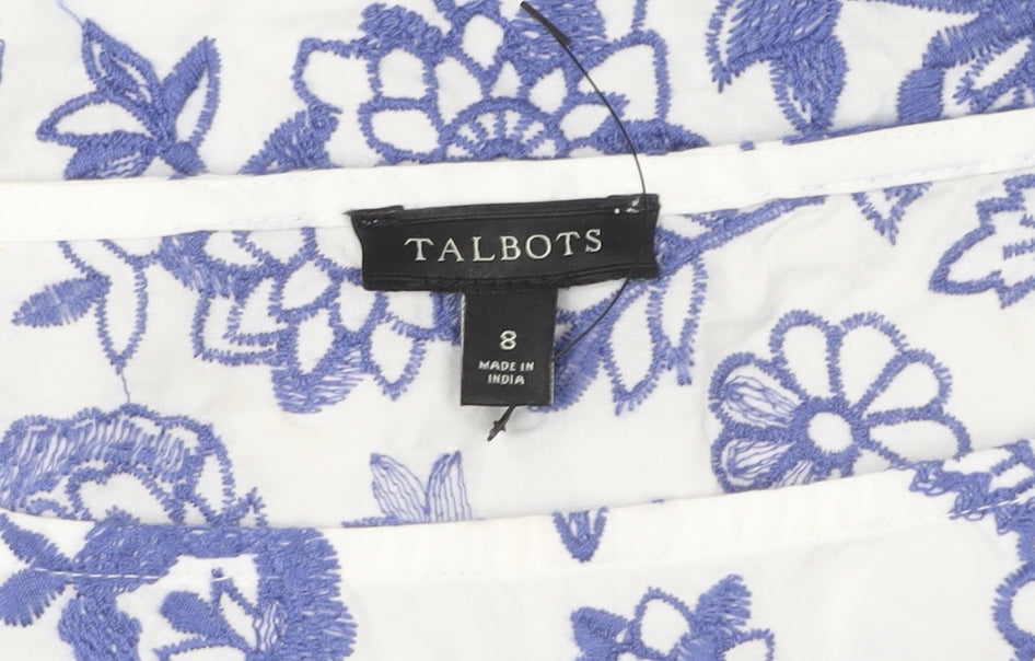 Talbots Women’s White Blue Embroidered Floral Cotton Tunic Blouse Size 12