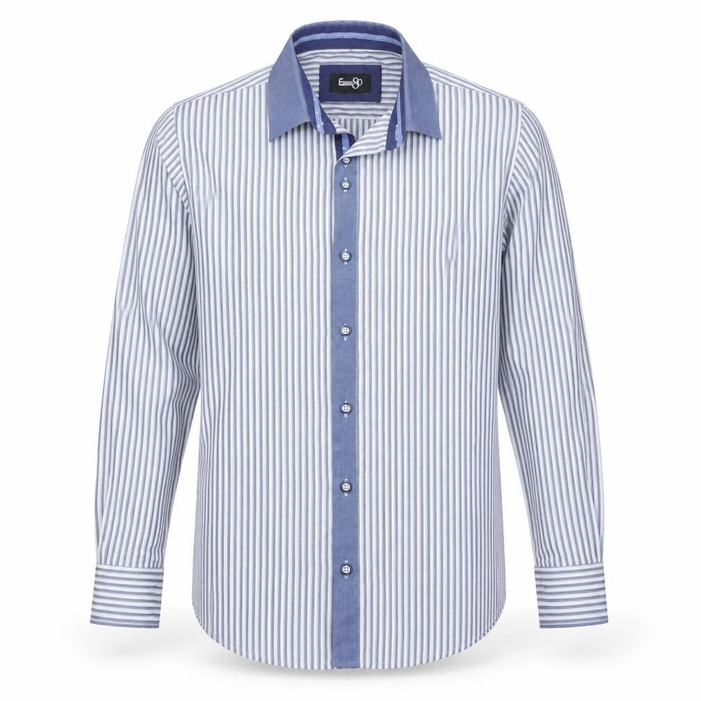 Front view of E-IGHT boys’ blue striped button-up long sleeve shirt age 10-11