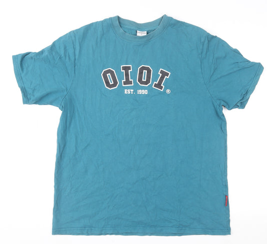 5252 by O!Oi Men Blue Graphic College T-Shirt L Regular Fit Cotton
