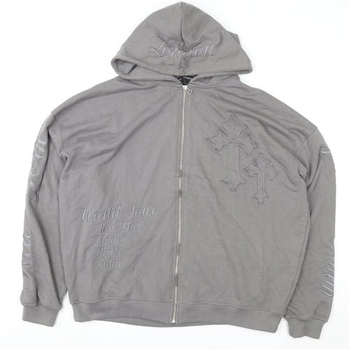 PrettyLittleThing Women Grey Full Zip Hoodie M Embroidered Cross Design