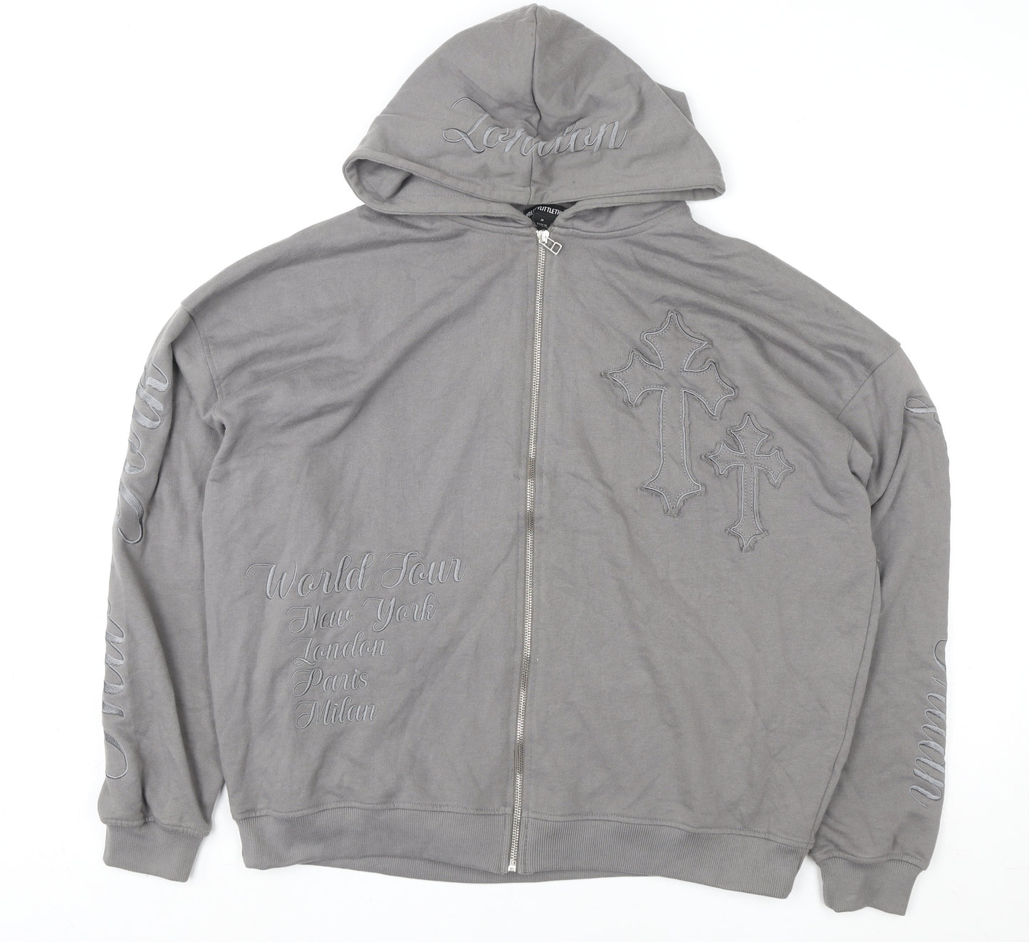 PrettyLittleThing Women Grey Full Zip Hoodie M Embroidered Cross Design