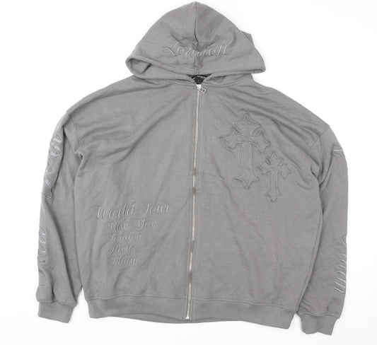 PrettyLittleThing Women Grey Full Zip Hoodie M Embroidered Cross Design